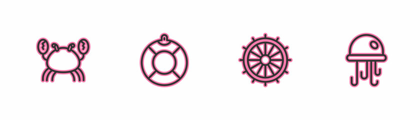 Wall Mural - Set line Crab, Ship steering wheel, Lifebuoy and Jellyfish icon. Vector