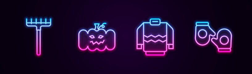 Sticker - Set line Garden rake, Pumpkin, Sweater and Christmas mitten. Glowing neon icon. Vector