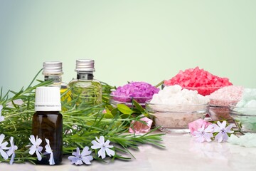 Poster - Assortment of organic essential oils. Natural moisturizing body and face treatment concept