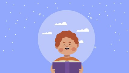 Poster - little student boy reading book animation