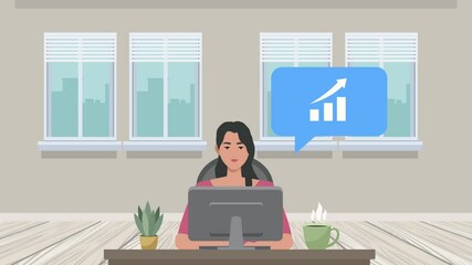 Wall Mural - elegant businesswoman working in desktop with statistics bars