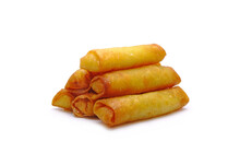 Spring Rolls Isolated On White Background. Deep Fried Crispy Spring Rolls. Famous Traditional Chinese Appetizers, Vegetarian Food