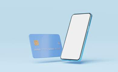 Phone with credit card floating on blue background. Mobile banking and Online payment service. Saving money wealth and business financial concept. Smartphone money transfer online. 3d render.