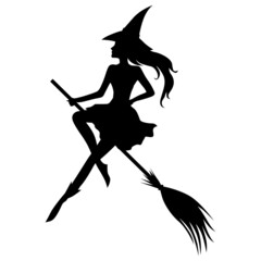 Wall Mural - Halloween  witch on broom fly silhouette