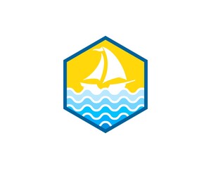 Sticker - Hexagonal shape with abstract beach wave and sail boat