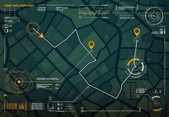 HUD navigation or city map navigation screen interface with compass, graphs and map points, vector. HUD roadmap or city map with satellite location pins and traffic route direction, smart app