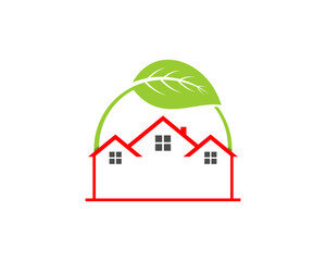 Wall Mural - Red roofing house with nature leaf behind