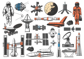Wall Mural - space icons of rocket, spaceman and planets satellites, vector galaxy exploration. lunar rover and s