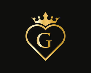 Letter G Logo With Crown and Love Shape. Heart Letter G Logo Design, Gold, Beauty, Fashion, Cosmetics Business, Spa, Salons, And Yoga Vector Luxury Concept Template