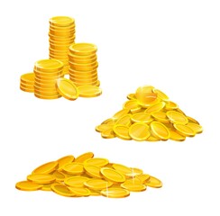 Cartoon golden coins pile and stacks, vector gold money icons. Golden coins currency, shiny gold piles and stack heaps of coins isolated on white for income and investment or wealth money