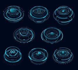 Wall Mural - HUD cyberpunk futuristic circular virtual portal, teleport hologram. HUD or cyber punk game vector portal circles or digital screen virtual time technology with laser beams