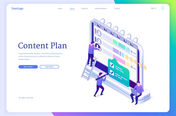 Wall Mural - content plan isometric landing page. work organization in social media, publication management conce