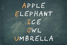 Apple Elephant Ice Owl Umbrella Words On Blackboard Background. AEIOU Vowels Learning, Grammar Rules Concept.