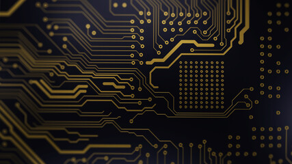 Wall Mural - Printed circuit board futuristic server/Background image, golden tracks of the electronic board on a blue background. The image can be used as background for the desktop of the monitor