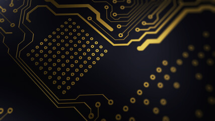 Printed circuit board futuristic server/Background image, golden tracks of the electronic board on a blue background. The image can be used as background for the desktop of the monitor