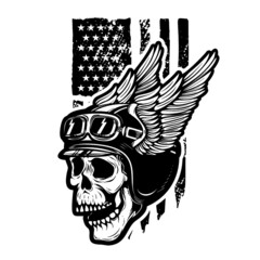 Sticker - Skull in winged motorcycle helmet on american flag background. Design element for logo, emblem, sign, poster, t shirt. Vector illustration