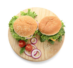 Wooden board with tasty vegetarian burger on white background