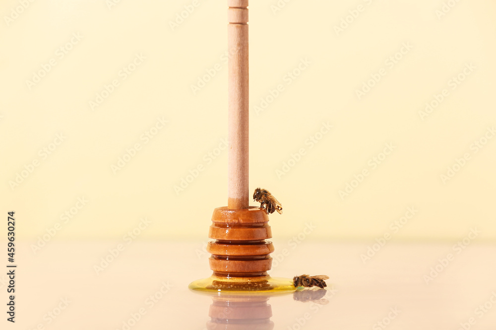 Dipper with honey and bees on color background