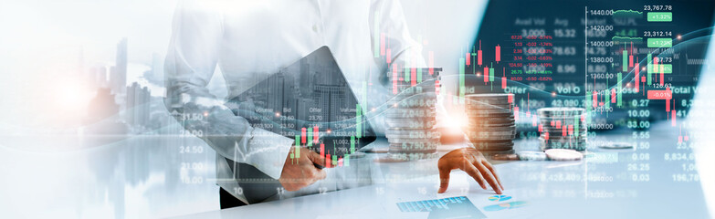 Wall Mural - Double exposure, Graph growth of financial and economic, Business woman touching chart of business and financial stock market trading and stock exchange on global network.