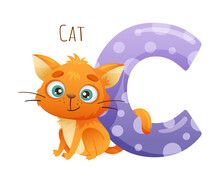 C Letter And Cute Cat Animal. Zoo Alphabet For Children Education, Home Or Kindergarten Decor Cartoon Vector Illustration