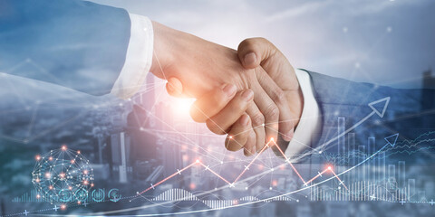 Business partners shake hands with growth graph network marketing icons. Global business partnership and successful collaboration agreement to achieve business strategy solutions, goals and target.