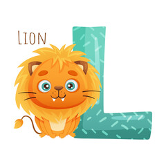 Wall Mural - L letter and cute lion baby animal. Zoo alphabet for children education, home or kindergarten decor cartoon vector illustration