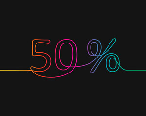 Poster - One line drawing of 50 percent discount, Rainbow colors on black background vector minimalistic linear illustration made of continuous line