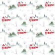 Winter landscape with red country house, trees, deer and hares. Christmas watercolor seamless pattern for print invitation or greeting cards, textile of symbols winter vacation in cottage on nature.