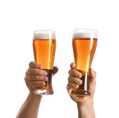 Hands with glasses of beer on white background