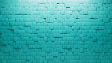 Semigloss, 3D Mosaic Tiles Arranged In The Shape Of A Wall. Teal, Polished, Bricks Stacked To Create A Square Block Background. 3D Render
