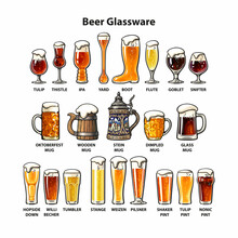 Set Of Different Types Of Beer Glasses And Mugs. Beer Glassware Guide. Vector Illustration Isolated On White Background.