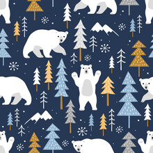 Seamless Vector Pattern With Cute Hand Drawn Polar Bears, Pine Trees And Snowy Winter Woodland On Dark Blue Background. Perfect For Textile, Wallpaper Or Print Design.