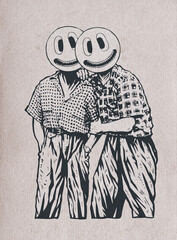 Two friends posing with emoticons instead of faces. Raster Version Illustration.