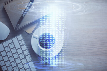 Double exposure of data theme drawing and office interior background. Concept of technology.