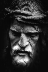 Papier Peint - Antique statue of suffering of Jesus Christ crown of thorns. Black and white image. Fragment. Close up.