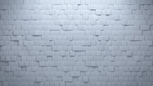 White, Rectangular Mosaic Tiles Arranged In The Shape Of A Wall. 3D, Semigloss, Bricks Stacked To Create A Polished Block Background. 3D Render