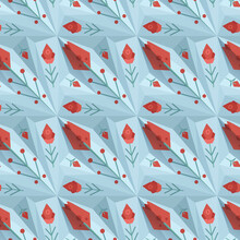 Geometric Pattern With Red Floral Ornaments With Shadow Illusion On Blue Background. Vector Seamless Architectural Texture With Folk Decorations. Surface Of The Design With Tulip And Figured Mosaic