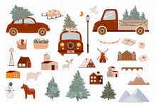 Collection Of Cute Christmas Elements: Red Car, Christmas Tree, Houses, Animals, Gifts. Perfect For Holidays Cards, Poster, Digital Crafts. Editable Vector Illustration.
