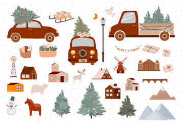 Collection of cute Christmas elements: red car, christmas tree, houses, animals, gifts. Perfect for holidays cards, poster, digital crafts. Editable Vector illustration.