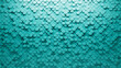 © RocknRoller Studios - Fish Scale, 3D Mosaic Tiles arranged in the shape of a wall. Semigloss, Polished, Bricks stacked to create a Teal block background. 3D Render