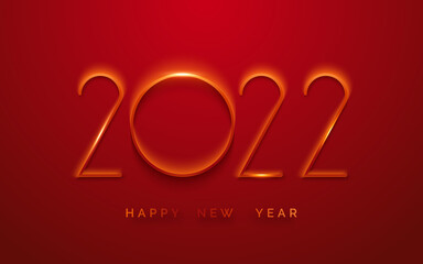 Wall Mural - Happy New Year 2022 minimalist greeting card. Background with shining numerals. New year and Christmas card illustration on red background. Holiday illustration of red numbers 2022