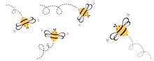 Set Of Cute Bee Cartoons And Dot Lines Isolated On White Background Vector.