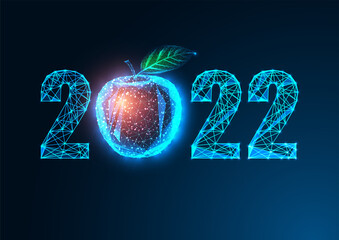 Wall Mural - Futuristic 2022 New Year digital web banner template with glowing low polygonal apple and digits on dark blue