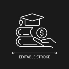 Sticker - Tuition reimbursement white linear icon for dark theme. Compensation for education classes. Thin line customizable illustration. Isolated vector contour symbol for night mode. Editable stroke