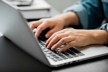 Canvas Print - close up of young women using laptop computer working online at home, modern devices technology, typing text send mail, search data on internet, learning online, lifestyle freelancer, e-business.