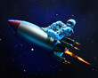 Astronaut travels in space sitting on the flying missile, 3D illustration