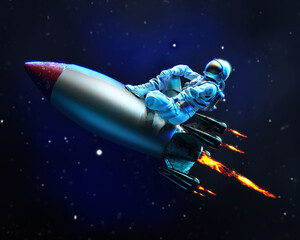 Wall Mural - astronaut travels in space sitting on the flying missile, 3d illustration