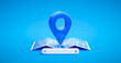 Blue location pin sign icon and gps navigation map road direction or internet search bar technology symbol on position place background with find route mark travel destination navigator. 3D rendering.