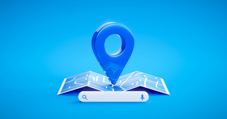 blue location pin sign icon and gps navigation map road direction or internet search bar technology 