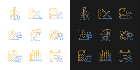 Wall Mural - Different types of school subjects gradient icons set for dark and light mode. Scientific study. Thin line contour symbols bundle. Isolated vector outline illustrations collection on black and white